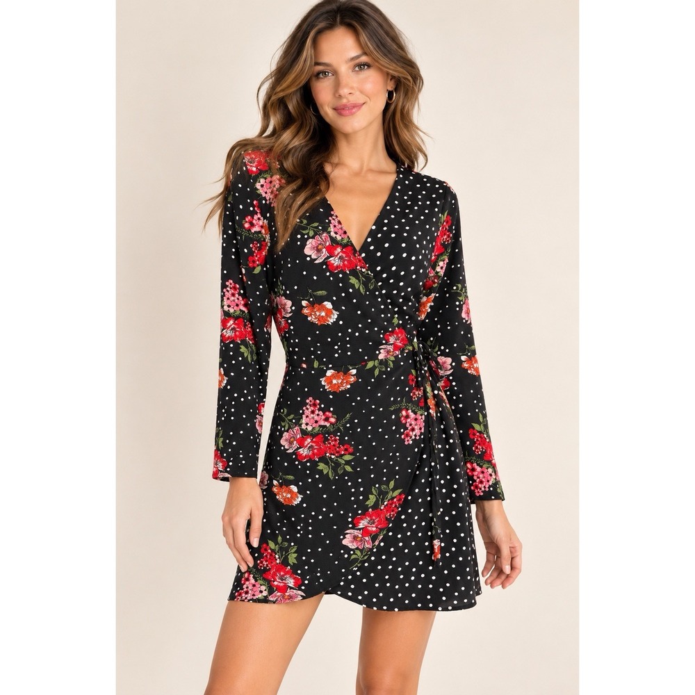 Soul Cake Black Mini Wrap Dress~S~Polka Dot Floral Long Sleeve Edgy Whimsigoth